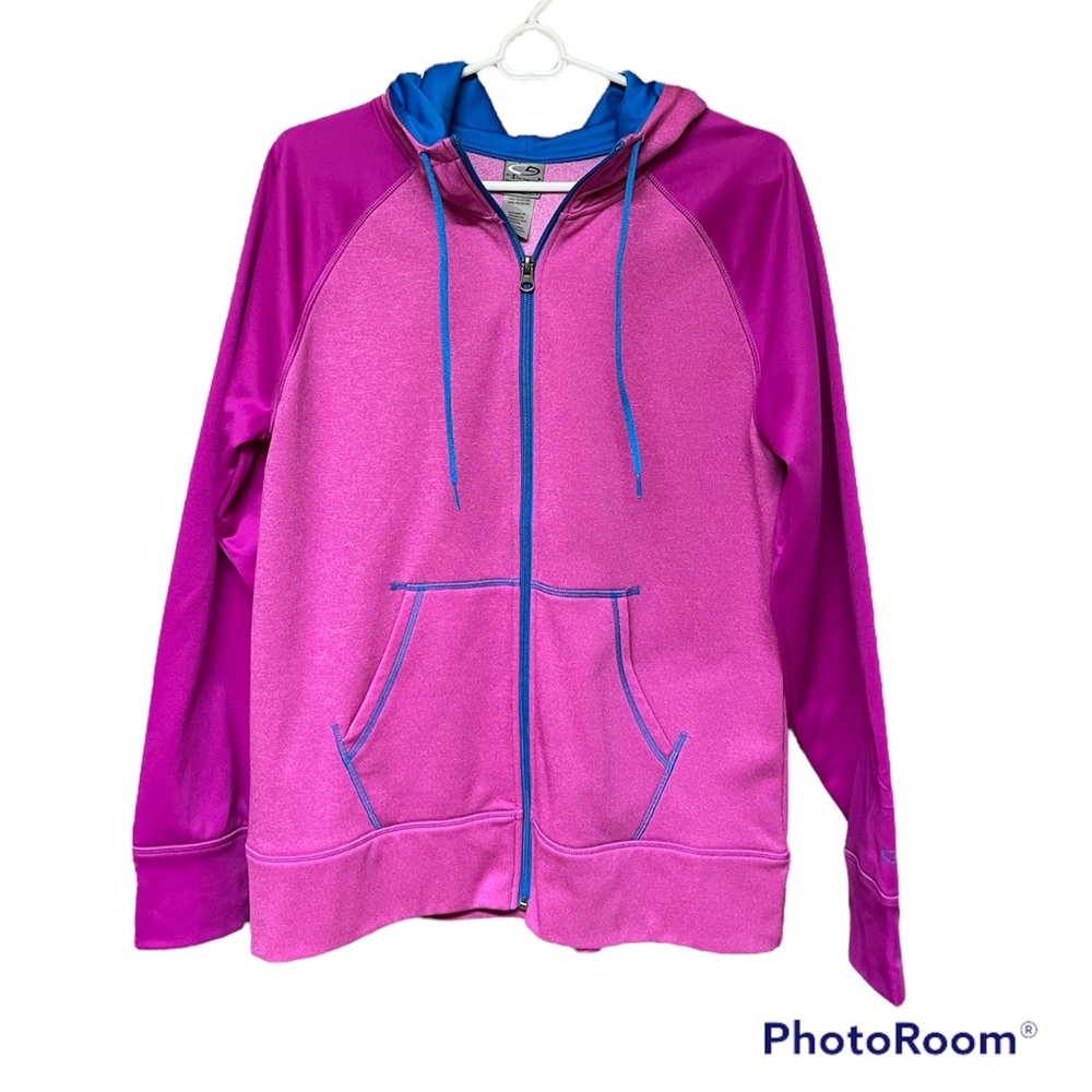 🟪CHAMPION: Vintage semi fitted zip-up hooded jacket, w/pockets, size L.